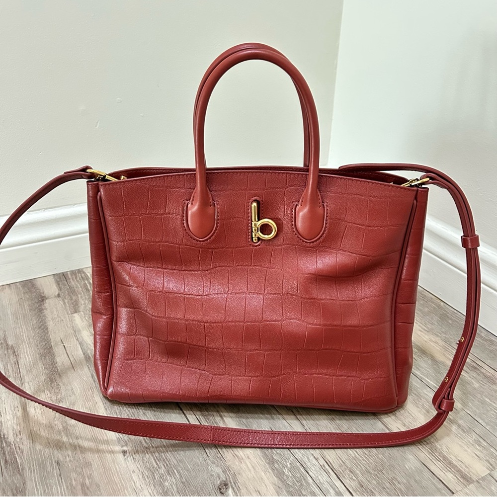 BURBERRY Small Rocking Horse Embossed Tote Bag Croc Embossed Leather Burgundy